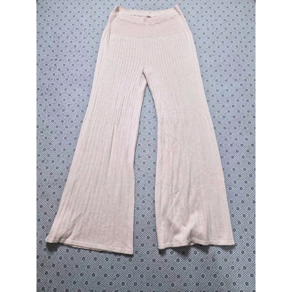 Free People Ribbed Wide Leg Lounge Pants Blush Pink Knit Flare Size L